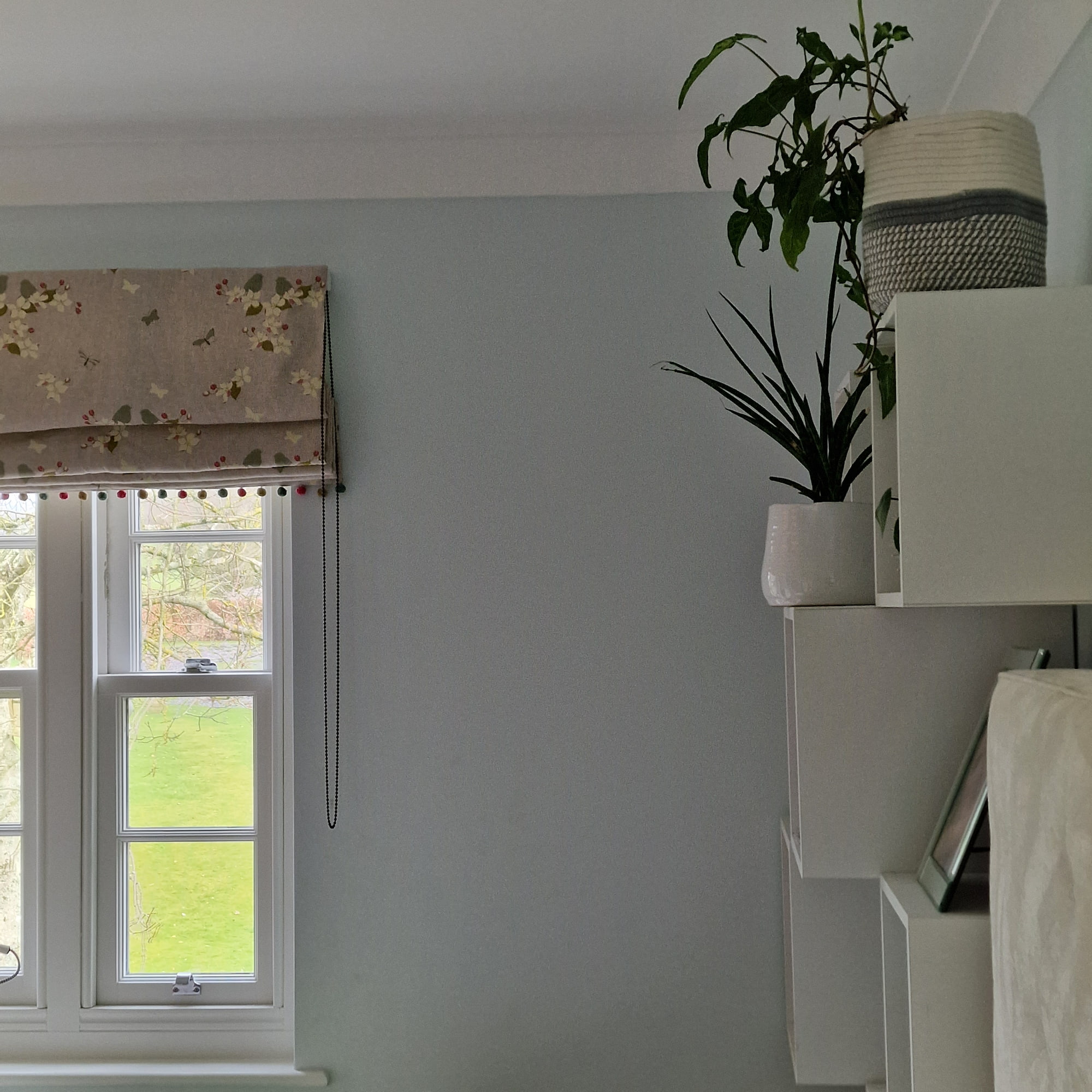 Photo of a bedroom in Winchester, painted by OA Interior Decor. Blue wall with curtains on the windows.